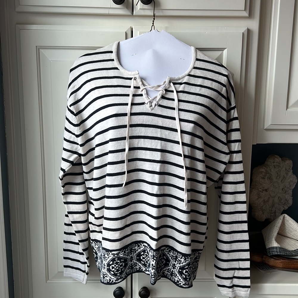 J. Jill Medium Cream & Dark Blue or Black Knit Top with Lace-up Neckline